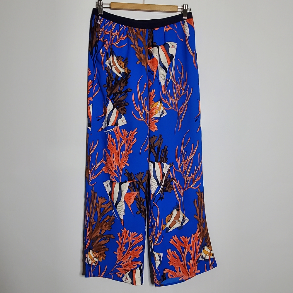 NIC+ZOE Angel Fish Vibrant Blue Coral Print Women's Pants Elastic Waist Size M